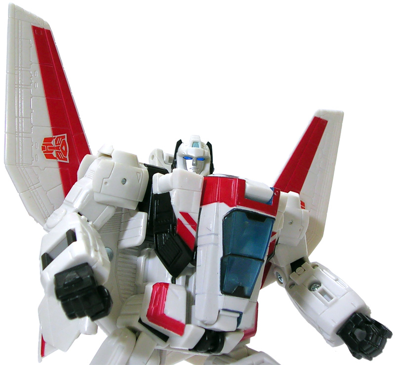 Generation 1 red and white Jetfire with a Transformers logo on his right wing