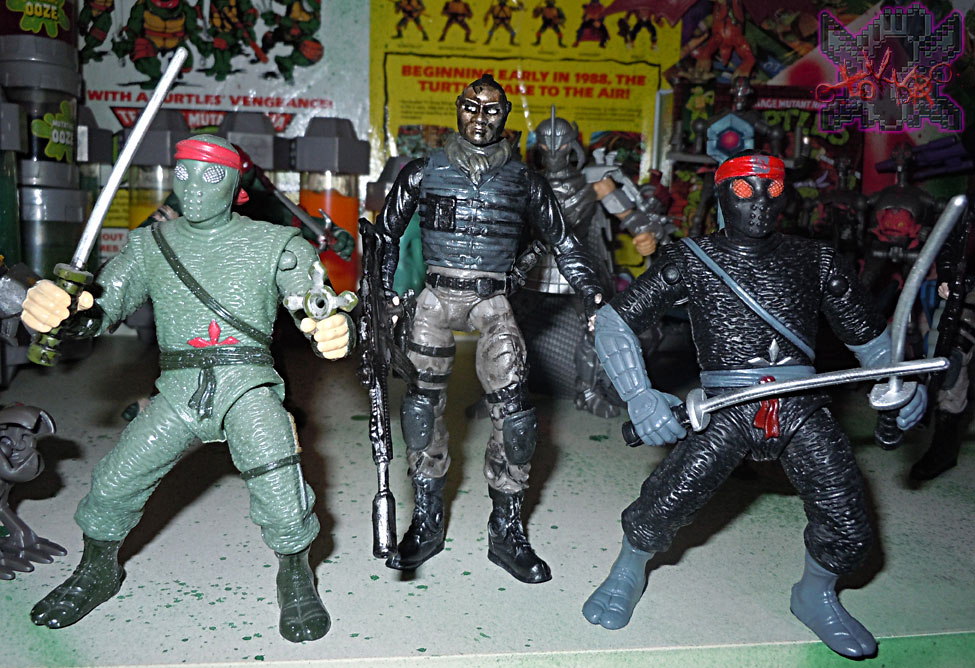 A group of ninjas in full armor, each of them holding their weapons