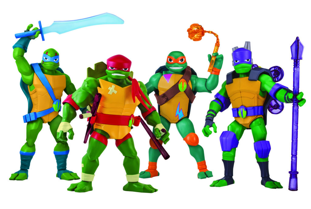 Ninja Turtles Leonardo, Donatello, Michelangelo, Raphael holder våpnene sine