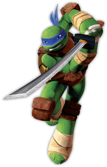 Ninja Turtle Leonardo wears a blue face mask over his eyes while holding his katana