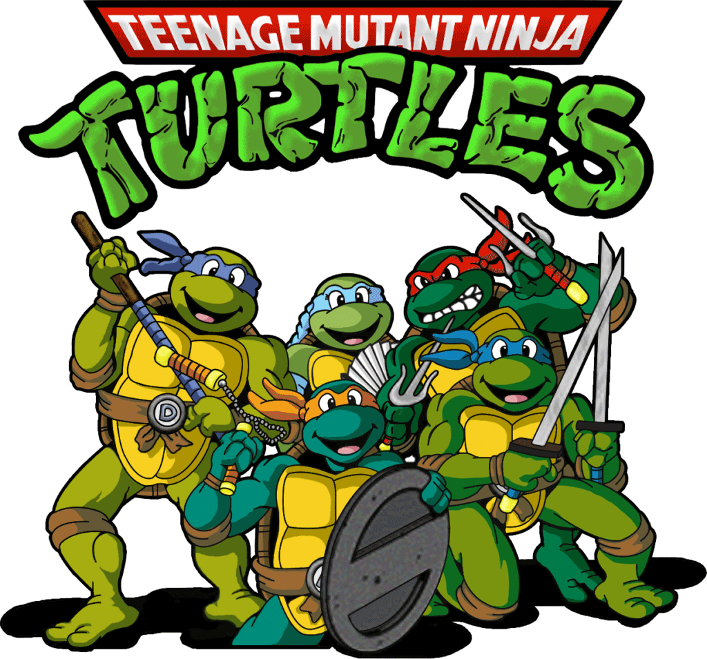 Under the TMNT logo are five Teenage Ninja Mutant Turtles holding their respective weapons