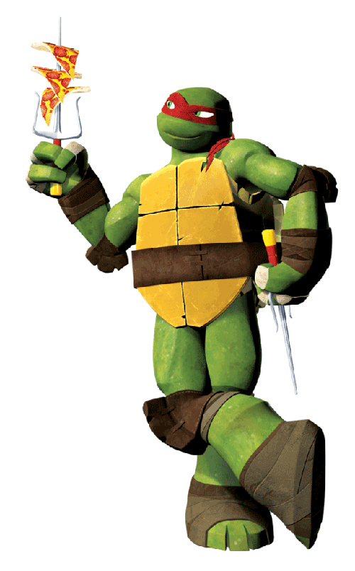  Ninja Turtle Raphael wearing a red face mask over his eyes while holding his pair of truncheon