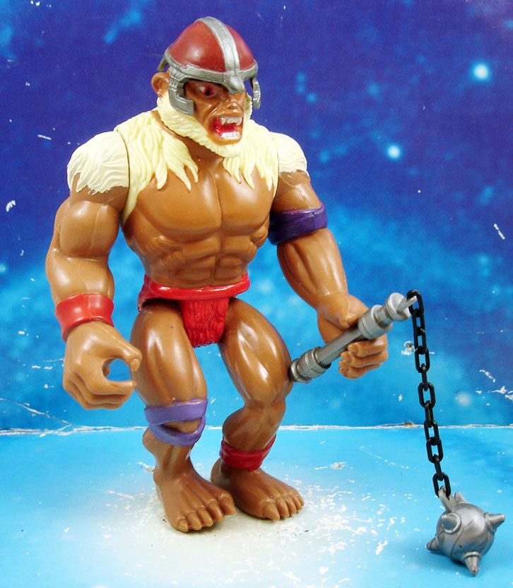 Monkian action figure holding a mace with a blue background