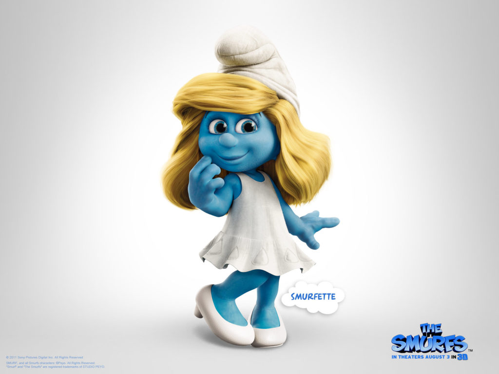 Smurfette in blonde hair and all-white pointed cap, sleeveless dress, and stiletto shoes