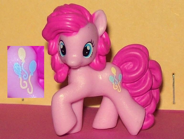 A pink earth pony Pinkie Pie with three balloons on her hips