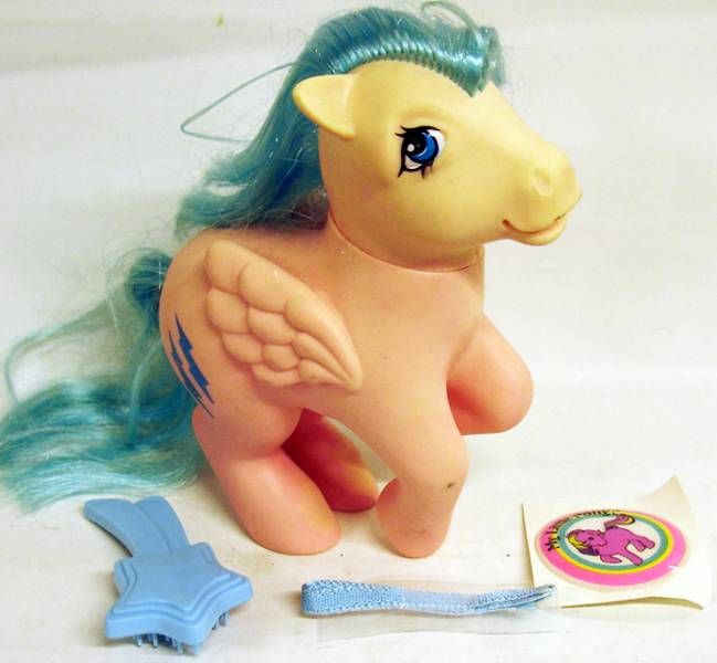 A peach Pegasus Pony with wings and blue-green hair and tail