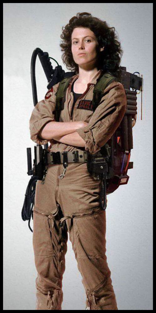 Curly-haired Sigourney Weaver as Dana Barrett in full gear and proton pack