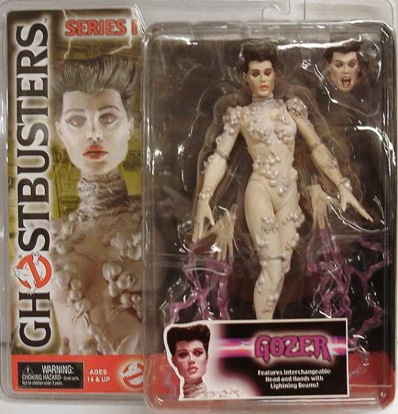 A toy figure of Gozer inside a see-through toy packaging