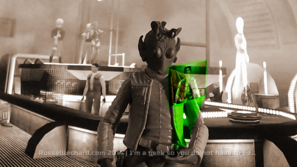 Greedo looking at a hologram inside a lab