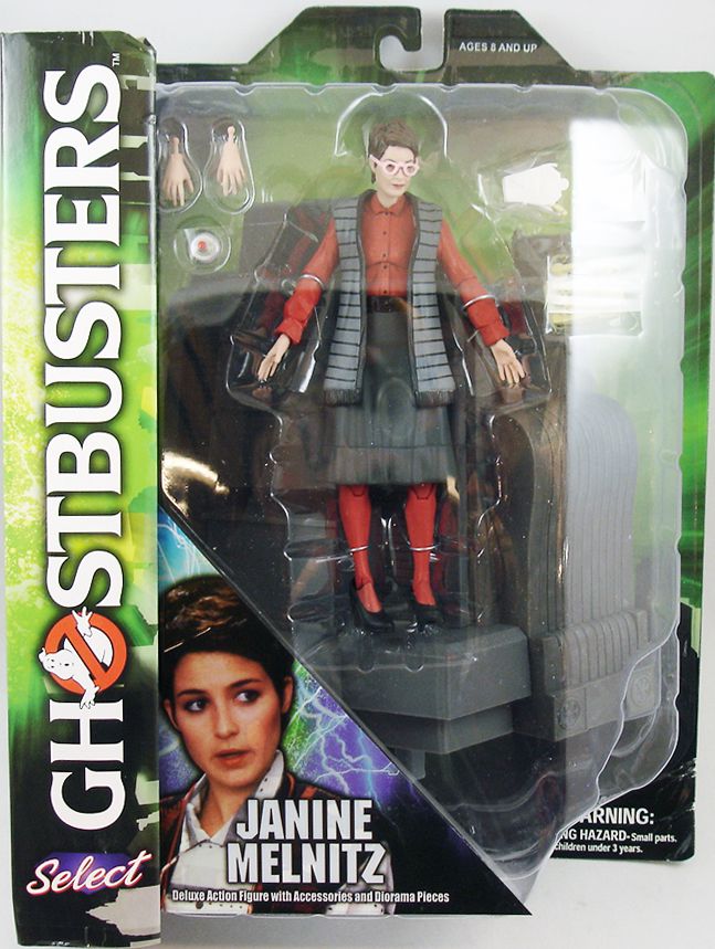 A toy figure of Janine Melnitz inside a see-through toy packaging 