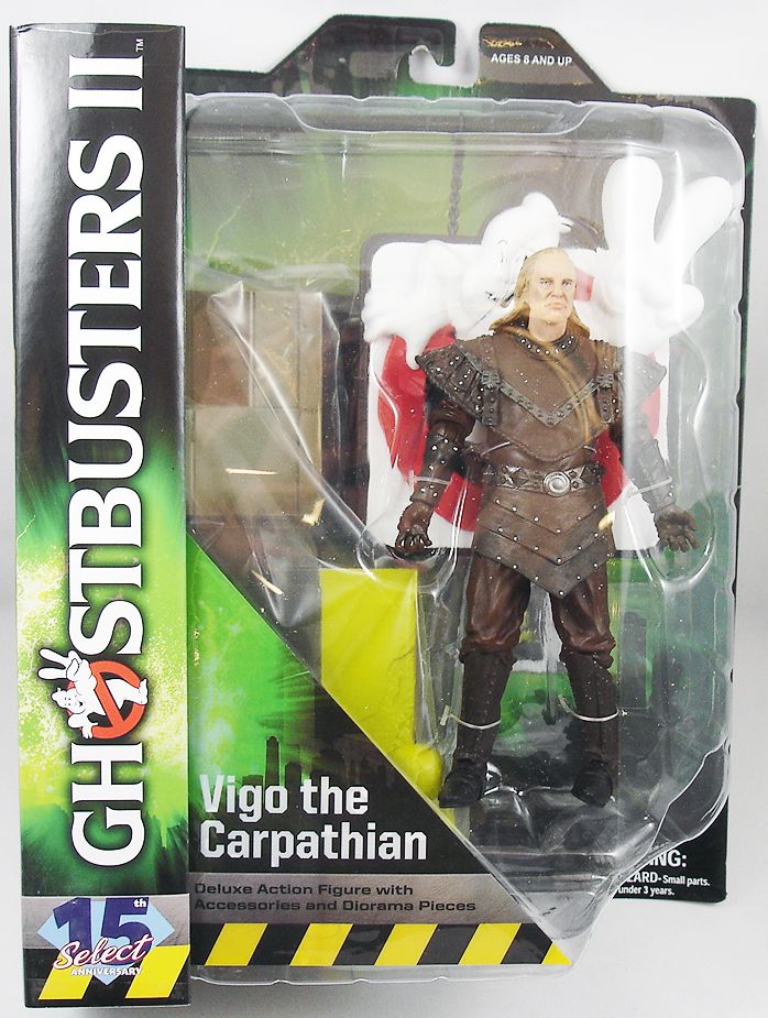 A toy figure of Vigo the Carpathian inside a see-through toy packaging