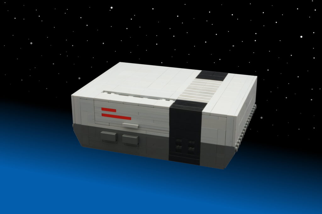 NES Classic console constructed from Legos on space background with stars