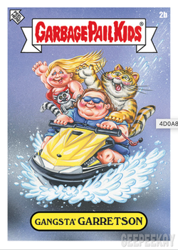 Gangsta Garretson Tiger King Garbage Pail Kid Card w/ two people and a tiger on a jet ski