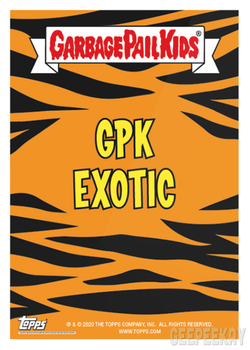 Garbage Pail Kids Tiger King logo card that says EPK Exotic on a tiger colored background