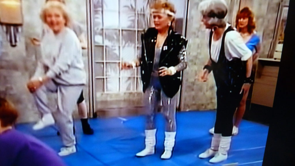 Golden Girls doing aerobics exercises while wearing spandex