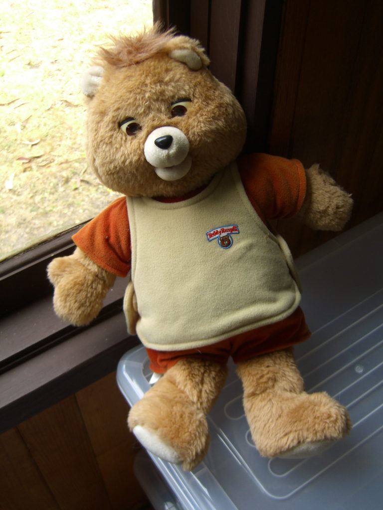 Teddy Ruxpin doll placed near a glass window