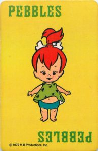 Pebbles Flintstone on a yellow card with the word Pebbles